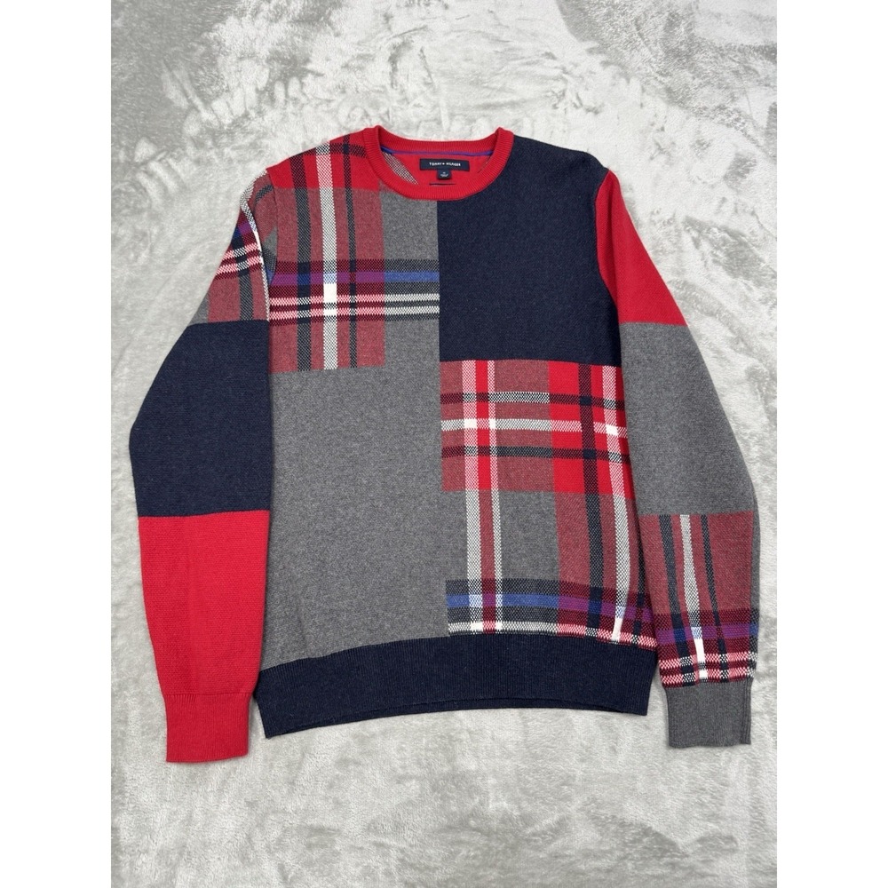 Tommy Hilfiger Sweater Mens Medium Red Navy Blue Plaid Shirt 100% Cotton Golf